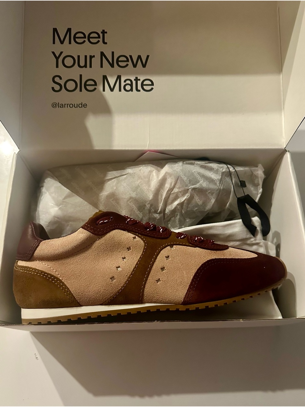 Larroude Stella Sneaker in Tulip, Russet, and Wine Suede - Picture 2 of 3